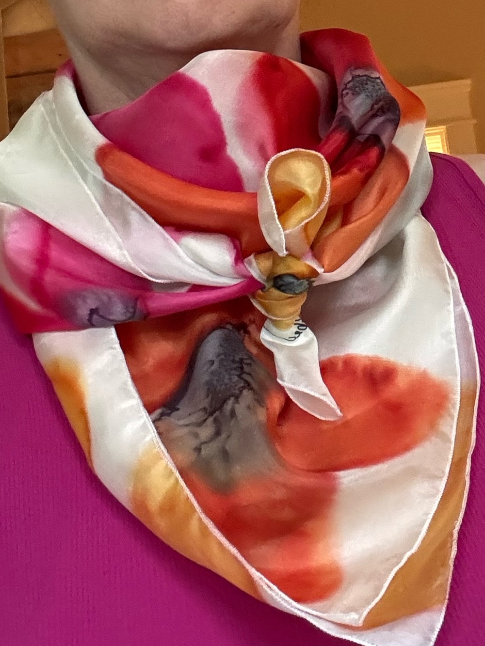 La Soierie Hand Painted Floral Scarf in Red, Pink & Yellow